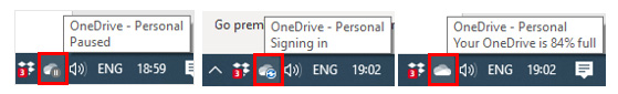 Figure 1.29 – The OneDrive taskbar's icons displaying paused, offline, and online
