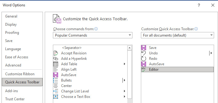 Figure 1.5 – The Word Options dialog box displaying the QAT customization options
