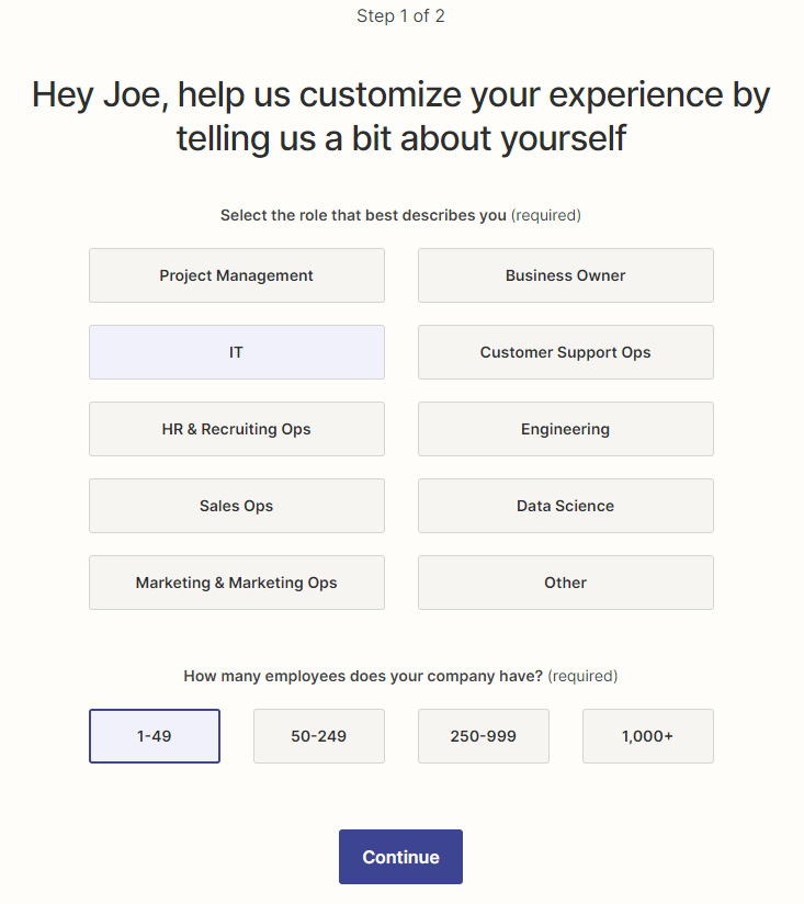 Figure 1.4 – The first step of the Zapier sign-up onboarding process