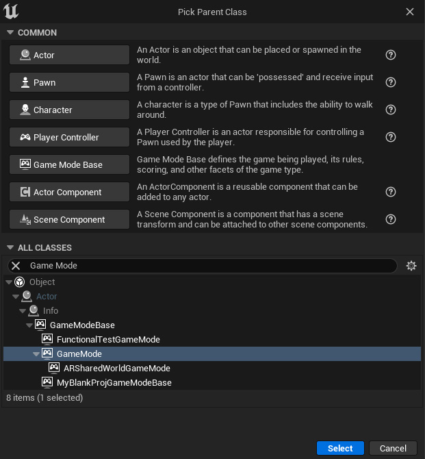 Figure 2.16 – Selecting the Game Mode class
