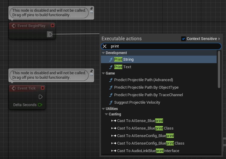 Figure 2.19 – The Print String node (Blueprint)
