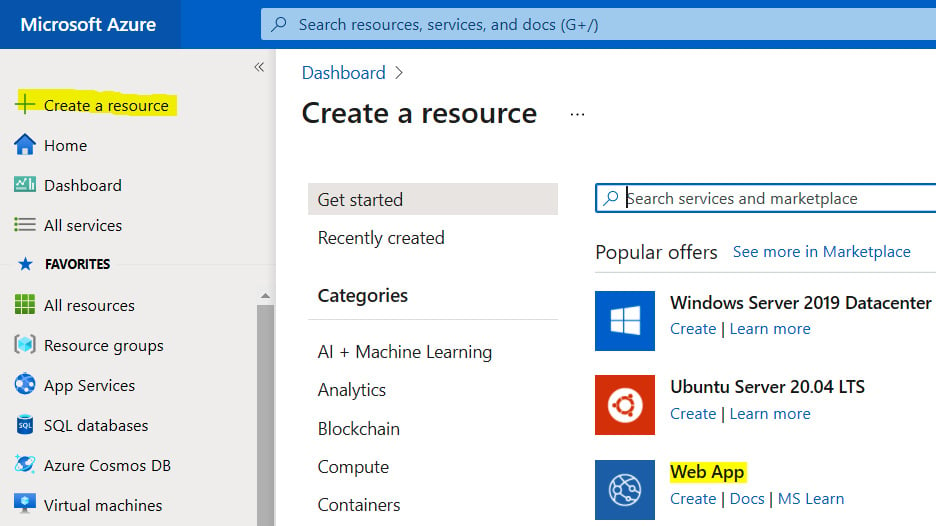 Figure 1.1 – Create a resource screen
