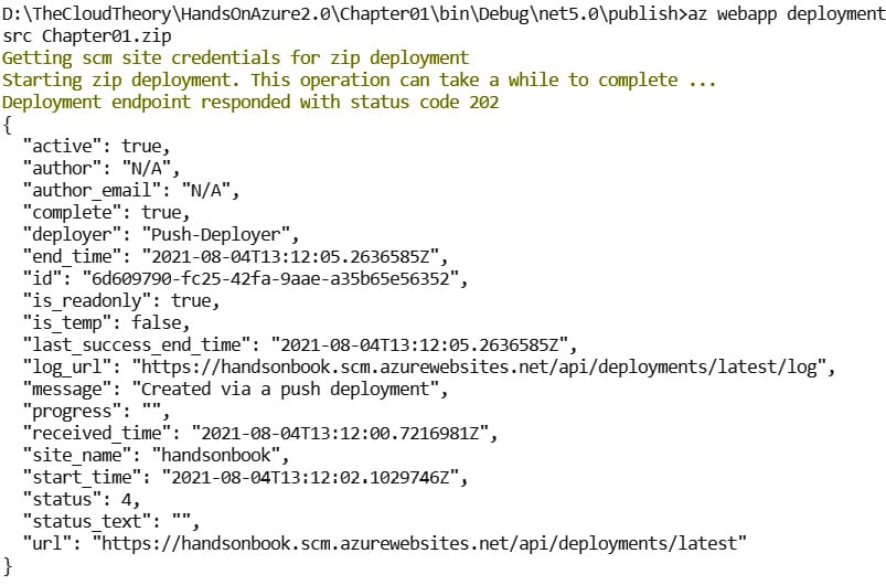 Figure 1.21 – Result of publishing a web app via Azure CLI
