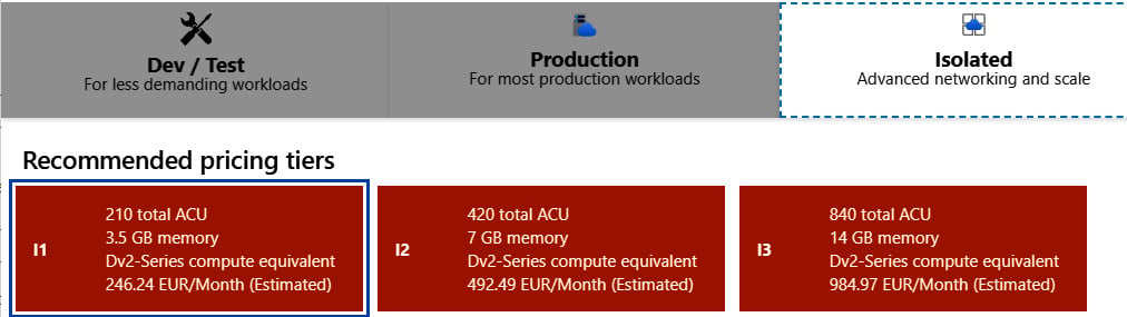 Figure 1.34 – Isolated tiers for App Service plan
