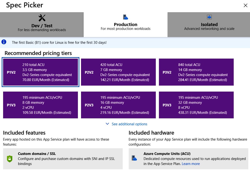 Figure 1.6 – Spec Picker for App Service plan
