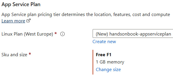 Figure 1.7 – Configure App Service plan with a free tier
