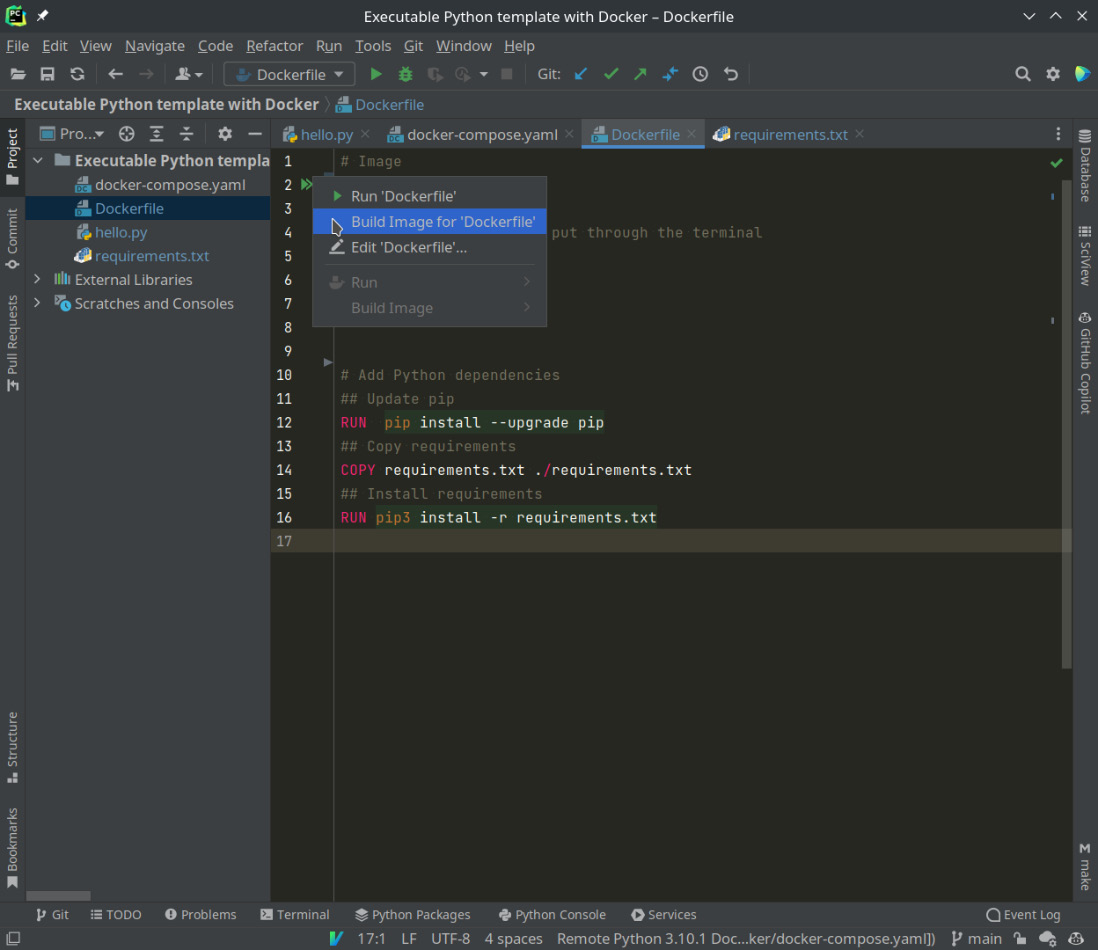 Figure 1.11 – Compiling a Dockerfile image using PyCharm
