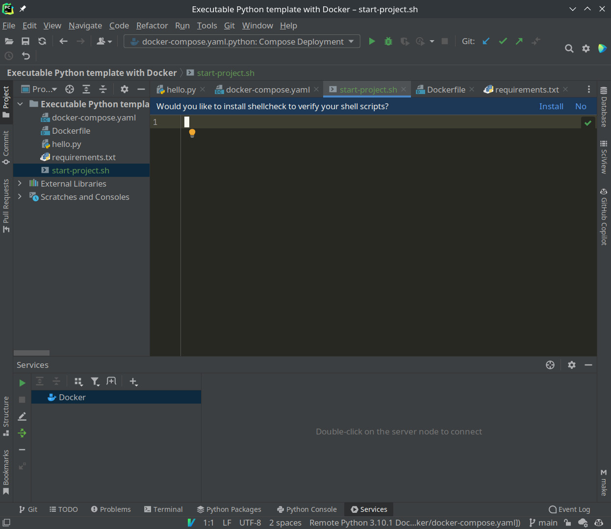 Figure 1.13 – PyCharm suggests installing a syntax checker for shell files
