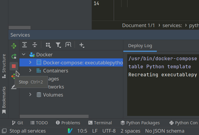 Figure 1.16 – Stopping Docker services via PyCharm and its integration
