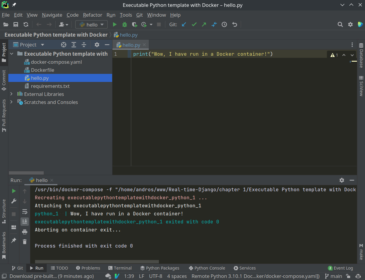 Figure 1.6 – Viewing the Python execution log through Docker integration
