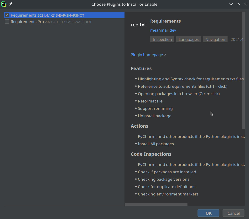 Figure 1.9 – PyCharm asking whether you want to install the requirements plugin
