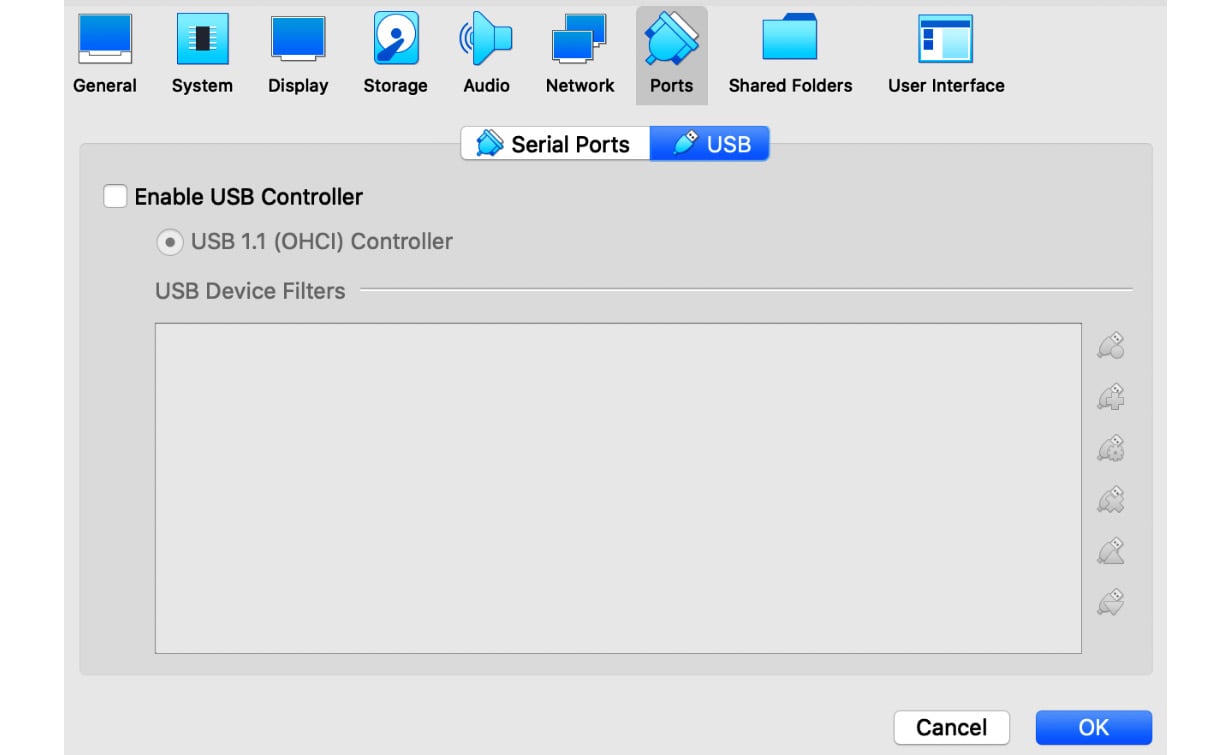 Figure 1.3 – Disabled USB controller in the VirtualBox VM’s settings
