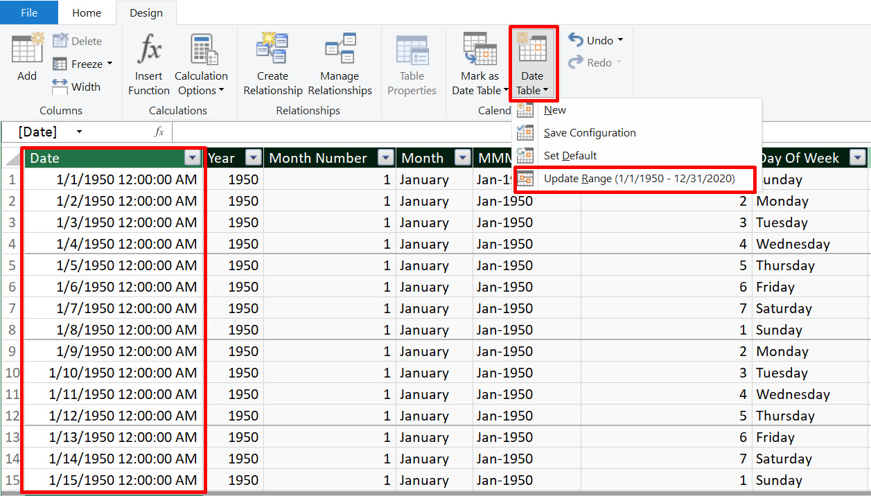 Figure 4.12 – Creating a calendar table in Power Pivot