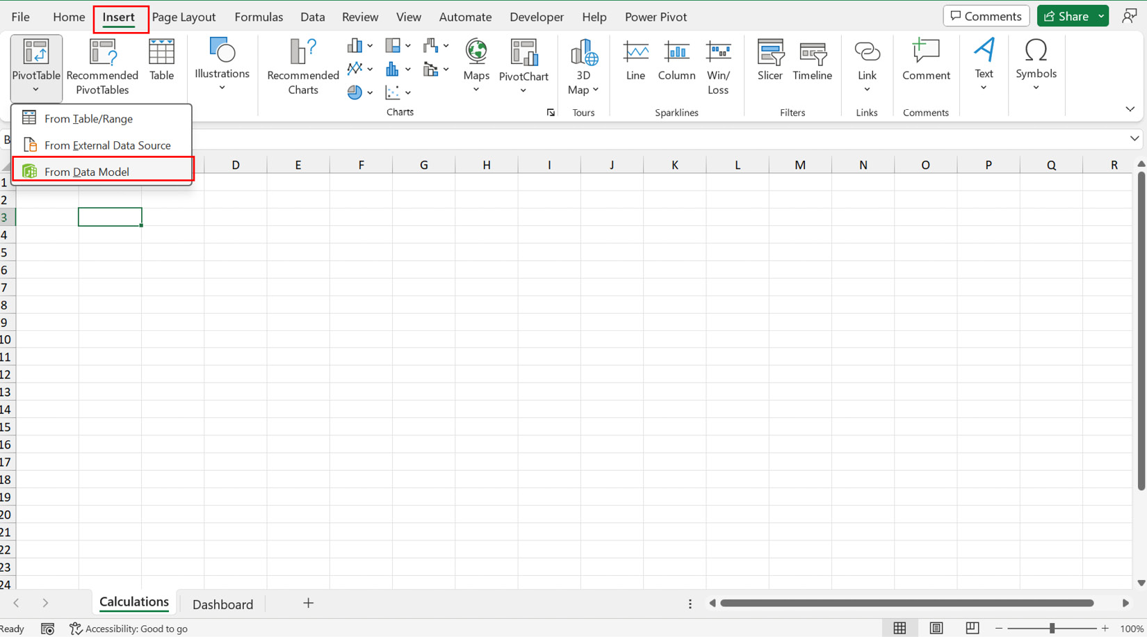 Figure 8.11 – Inserting a PivotTable from a data model