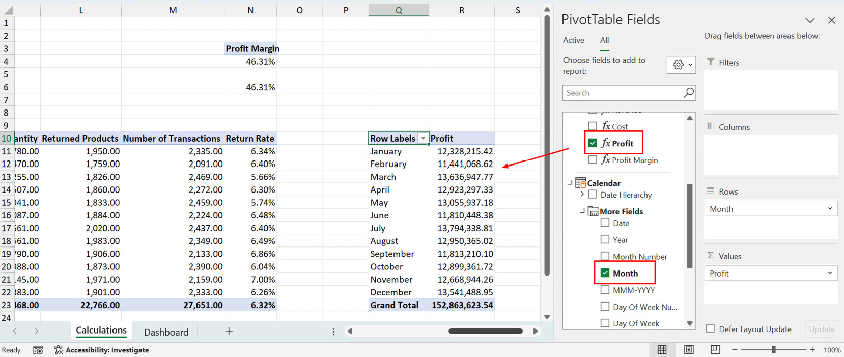 Figure 8.35 – Creating a PivotTable report on monthly profit