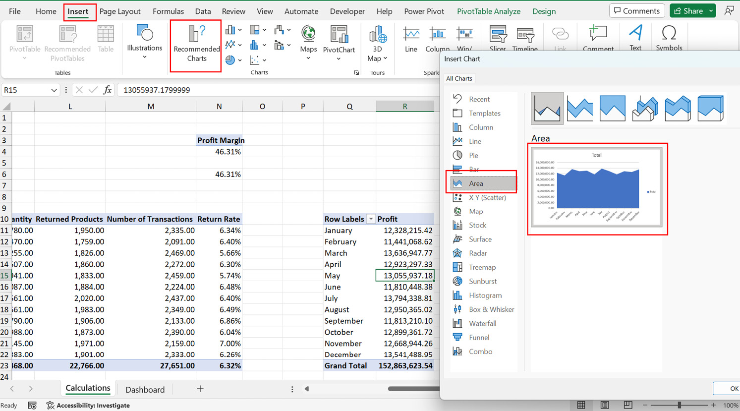 Figure 8.36 – Inserting an area chart