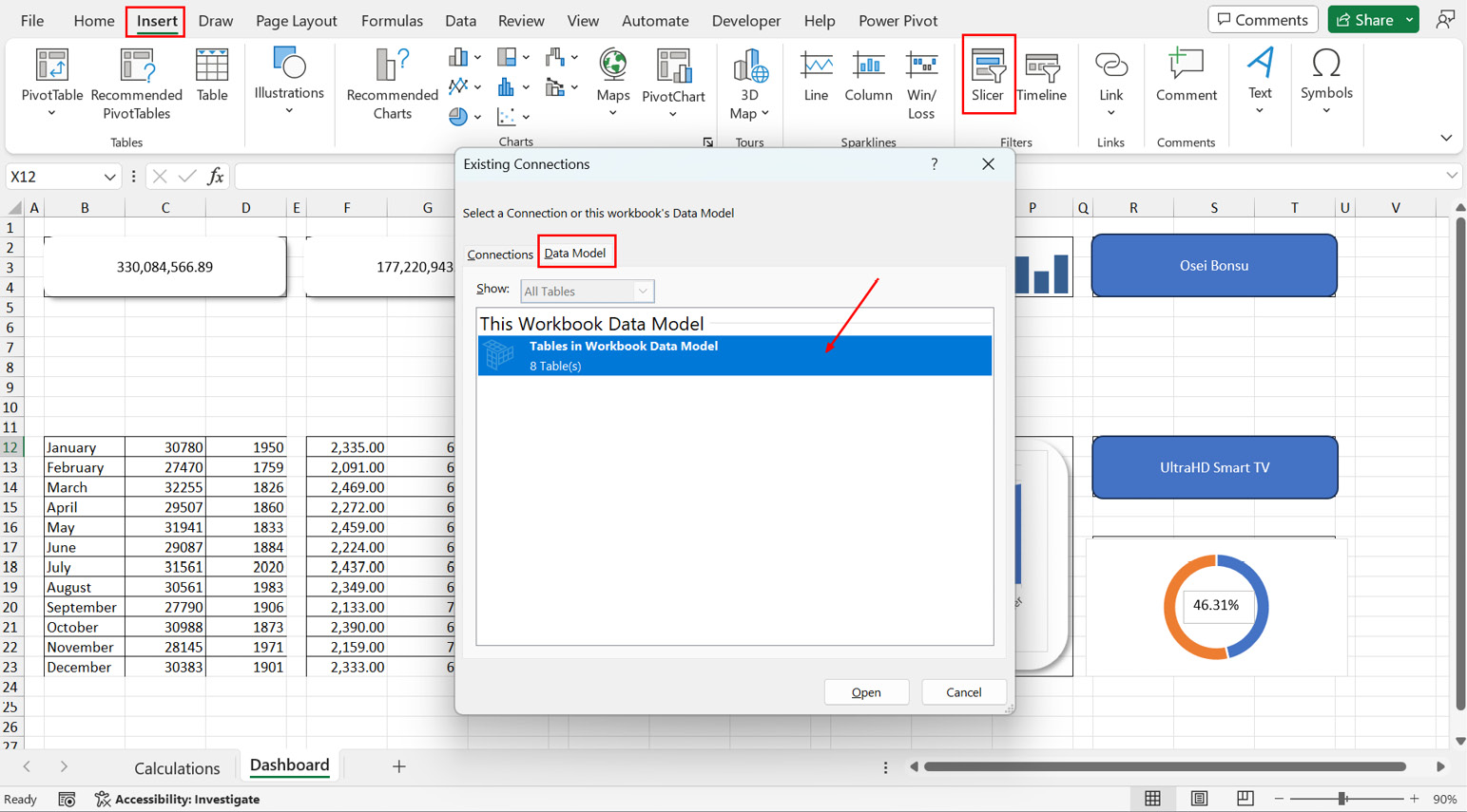 Figure 8.55 – Inserting slicers for interaction