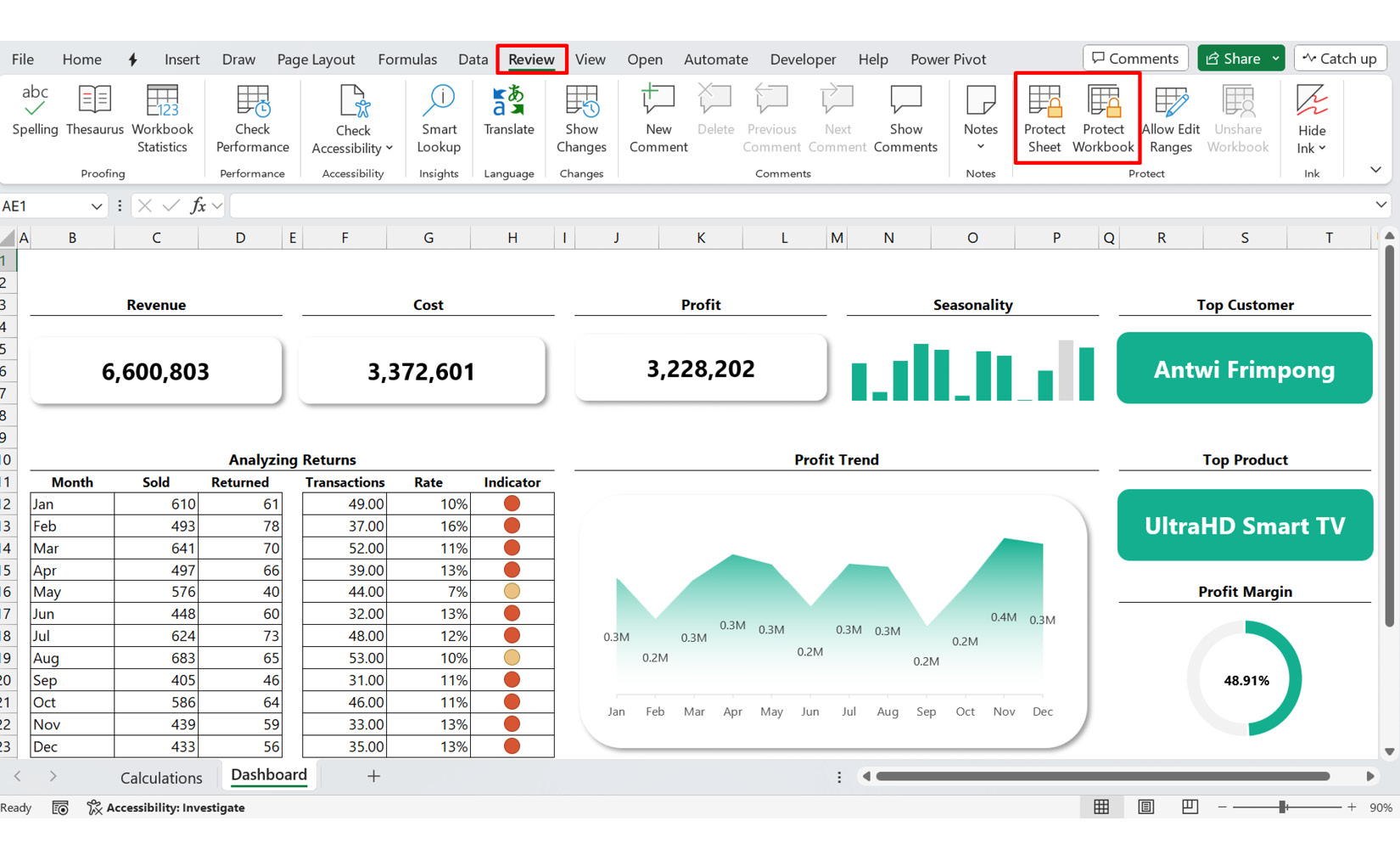 Figure 10.1 – The Protect Sheet and Protect Workbook features