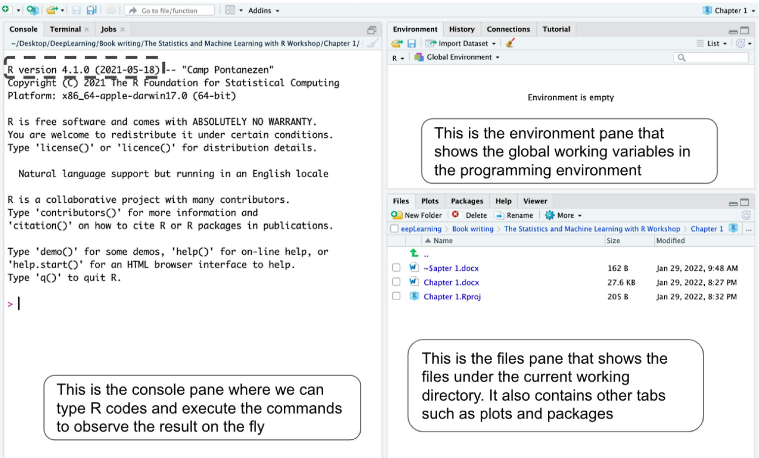 Figure 1.1 – A screenshot of the RStudio upon the first launch