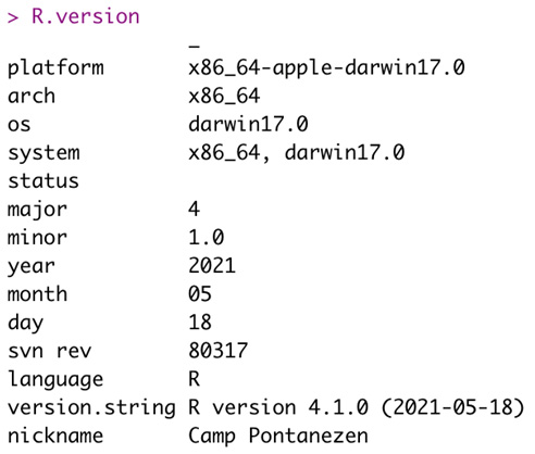 Figure 1.2 – Typing a command in the console to check the R version