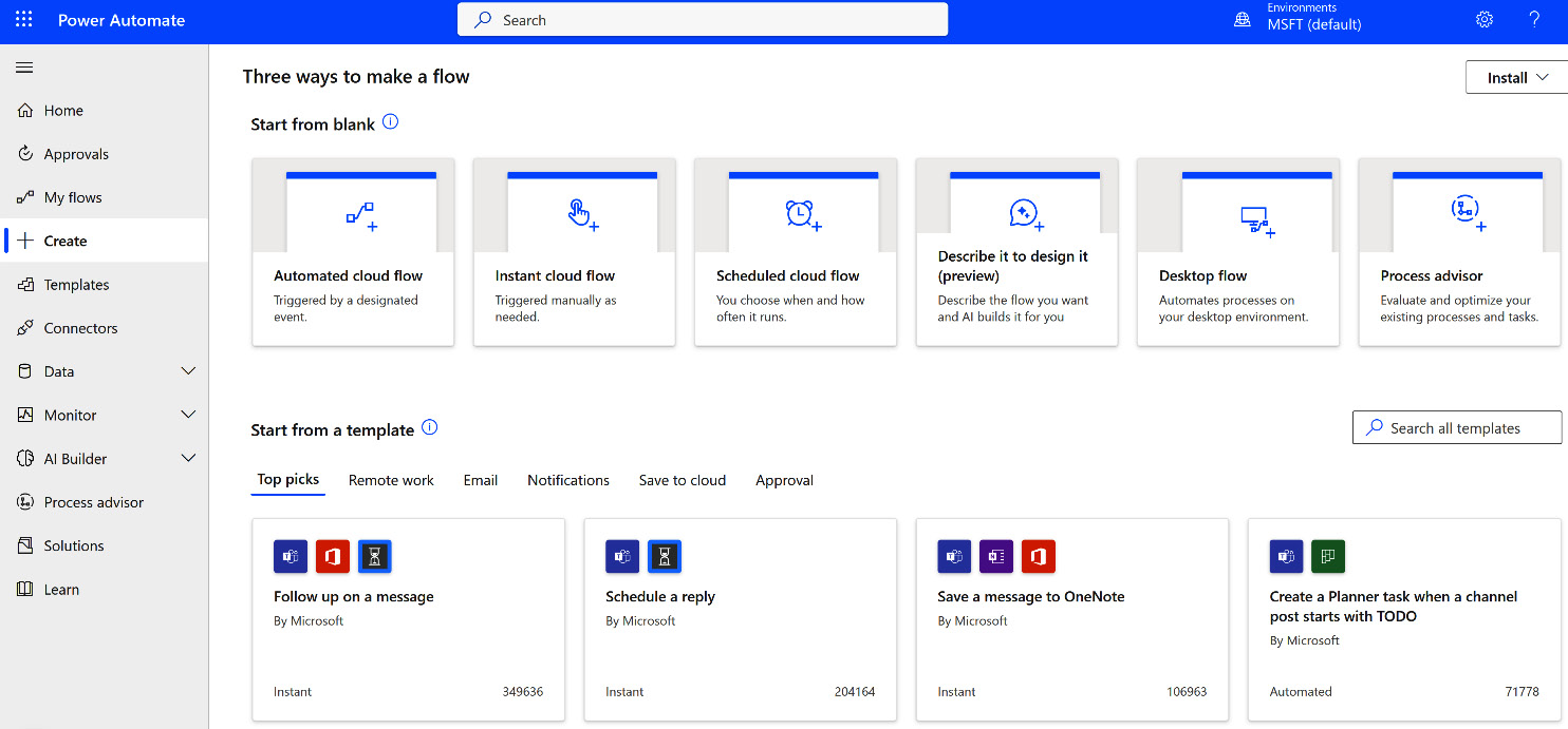 Figure 6.2 – Choices when you select + Create from the Power Automate Menu