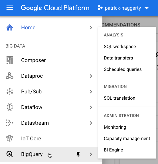 Figure 1.3 – Finding BigQuery in the Navigation menu