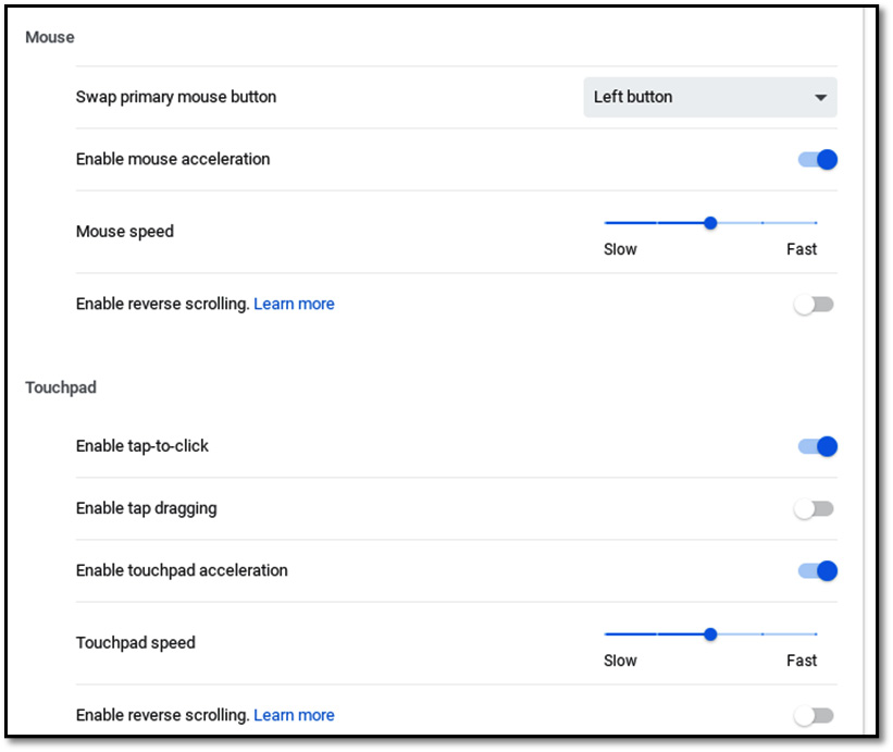 Figure 1.9 – The Mouse and Touchpad settings screen  