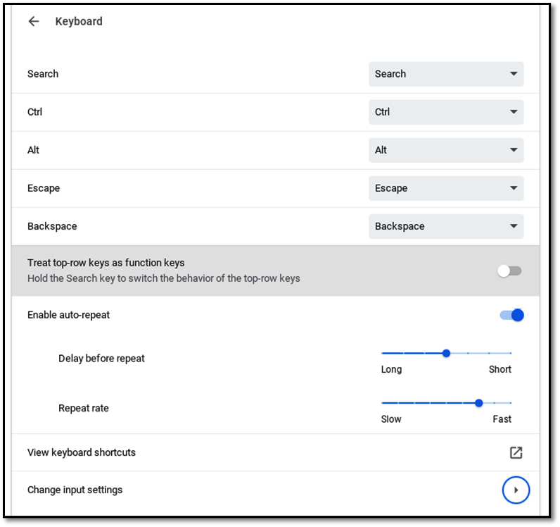 Figure 1.10 – The Keyboard settings screen  