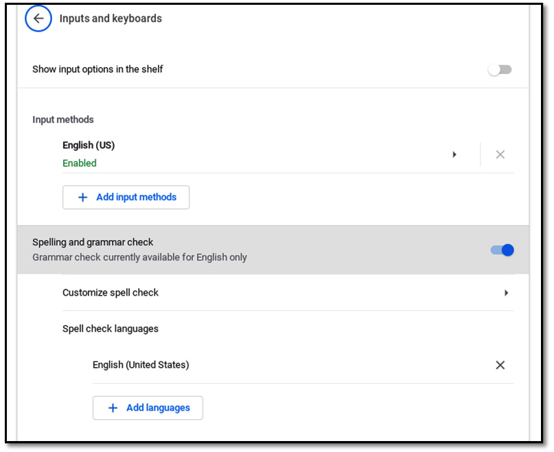 Figure 1.11 – The Inputs and keyboards settings screen  