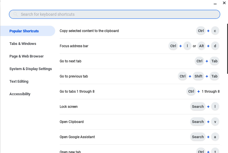 Figure 1.12 – Sample of the ChromeOS keyboard shortcuts  