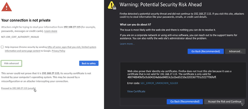 Figure 2.4 – Certificate warnings in Chrome and Firefox 