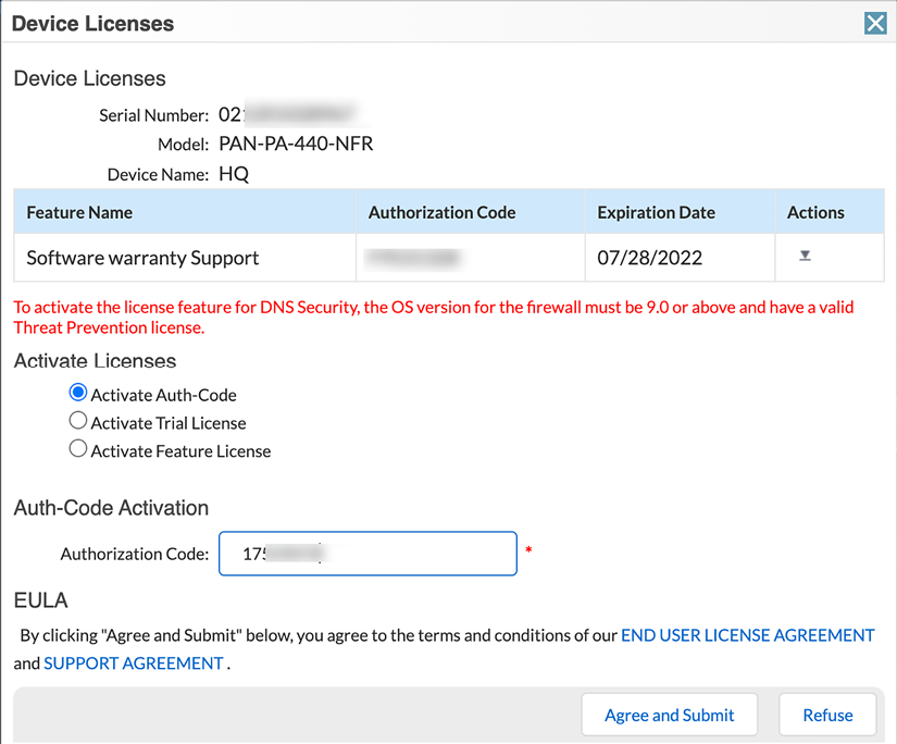 Figure 2.12 – Adding auth codes to activate services 