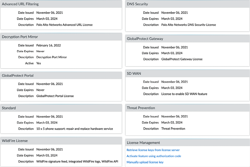 Figure 2.15 – Active licenses on the device 