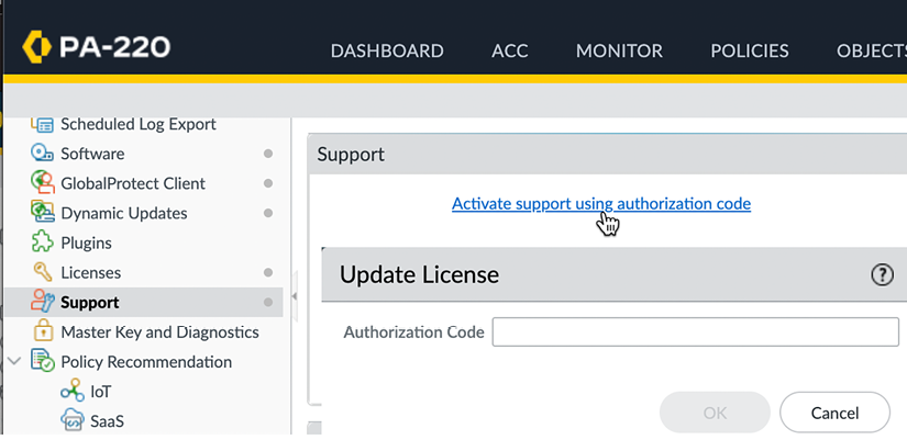 Figure 2.16 – Activate support using an authorization code 