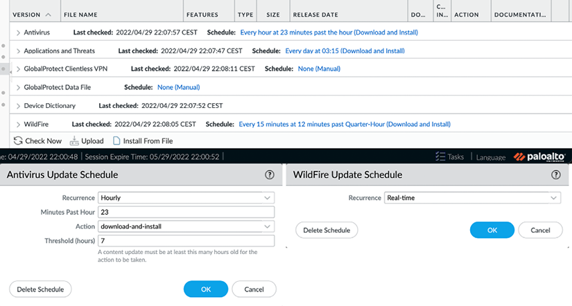 Figure 2.19 – The antivirus and WildFire schedules 