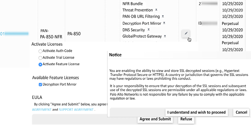 Figure 2.64 – Activating a Decryption Port Mirror license 