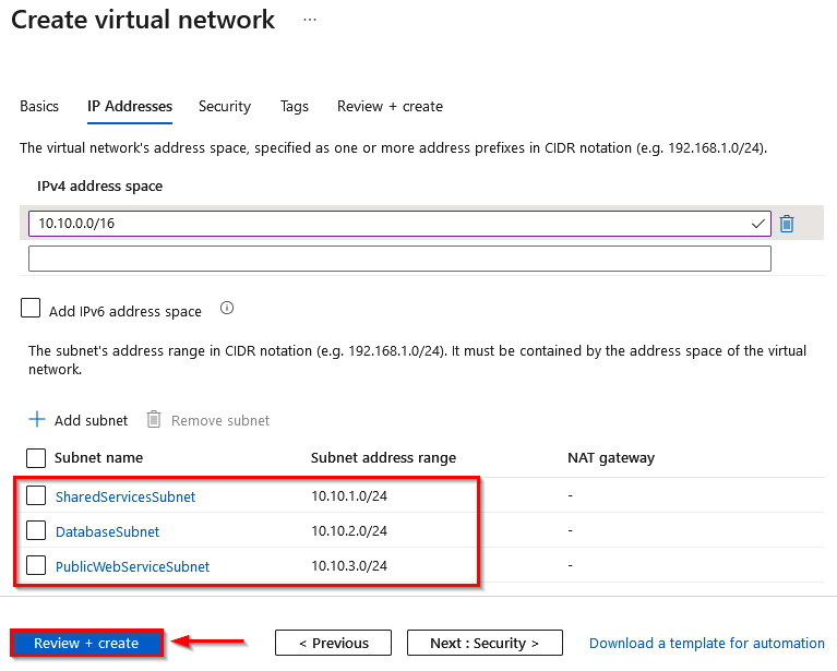 Figure 1.24 – Subnets added to the VNet configuration