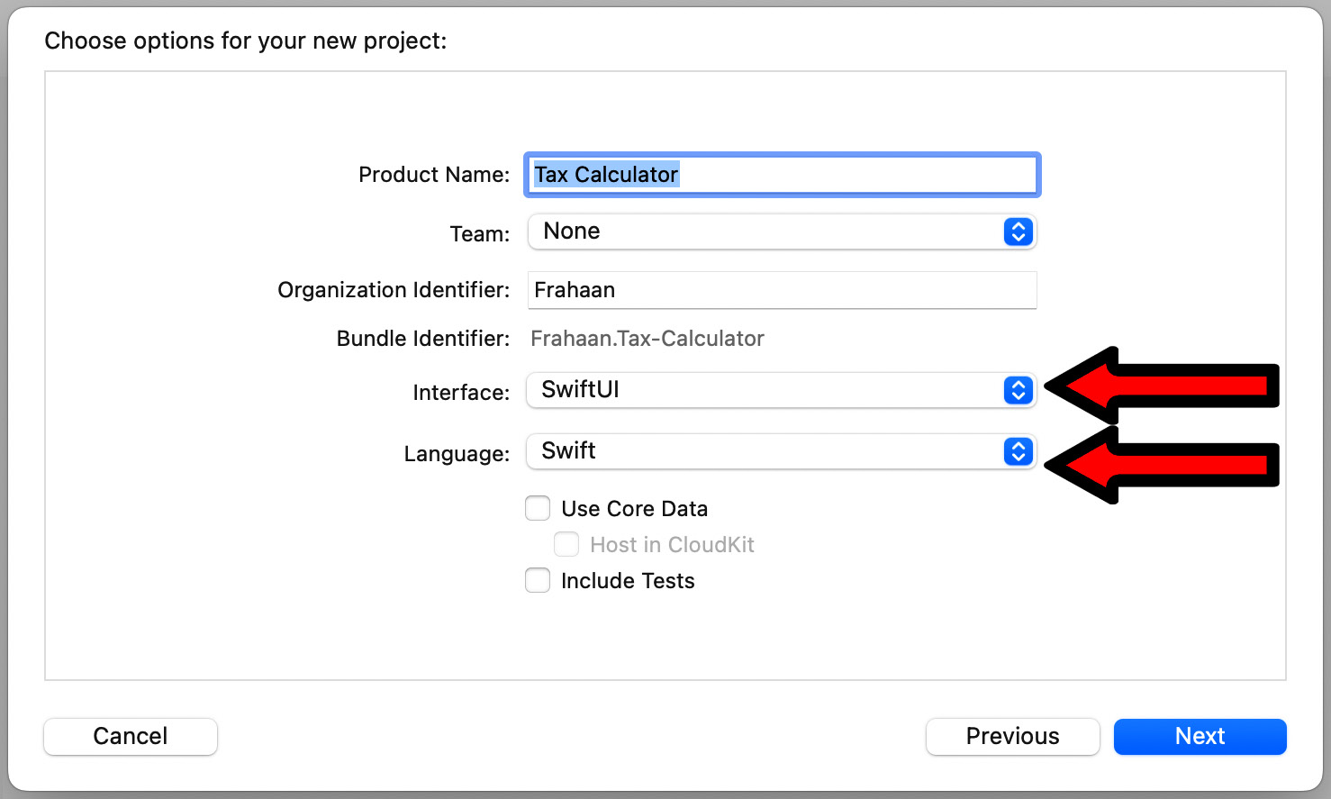 Figure 2.5 – Xcode project options