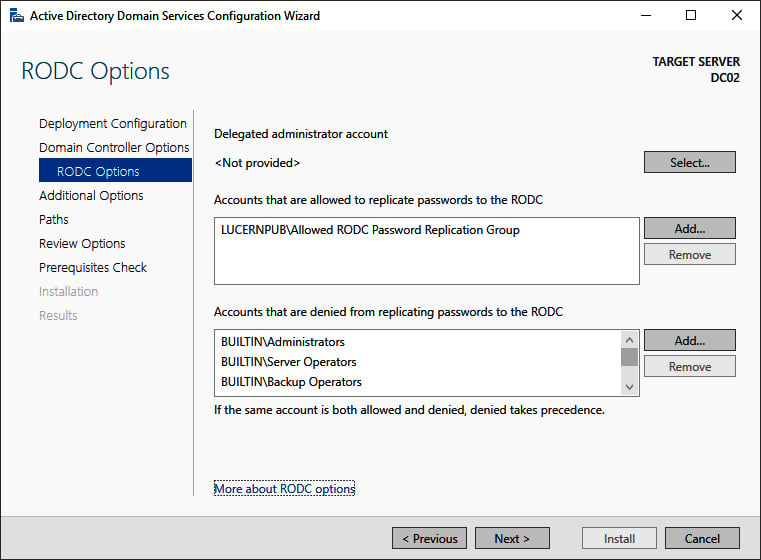 Figure 2.10 – The RODC Options screen of the Active Directory Domain Services Configuration Wizard
