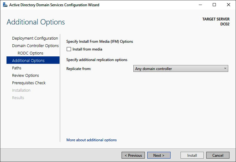 Figure 2.12 – The Additional Options screen of the Active Directory Domain 
Services Configuration Wizard
