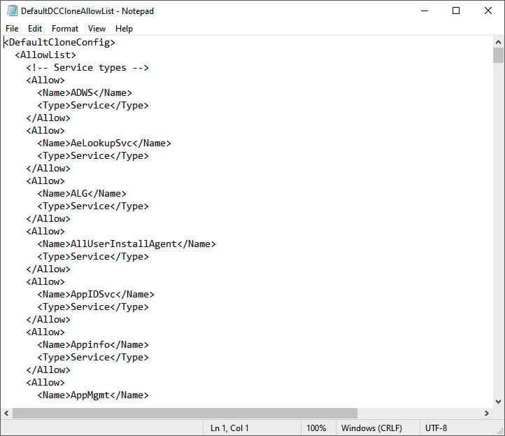 Figure 2.13 – Contents of the DefaultDCCloneAllowList.xml file
