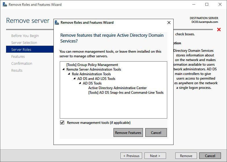 Figure 2.14 – The Remove Roles and Features Wizard pop-up screen
