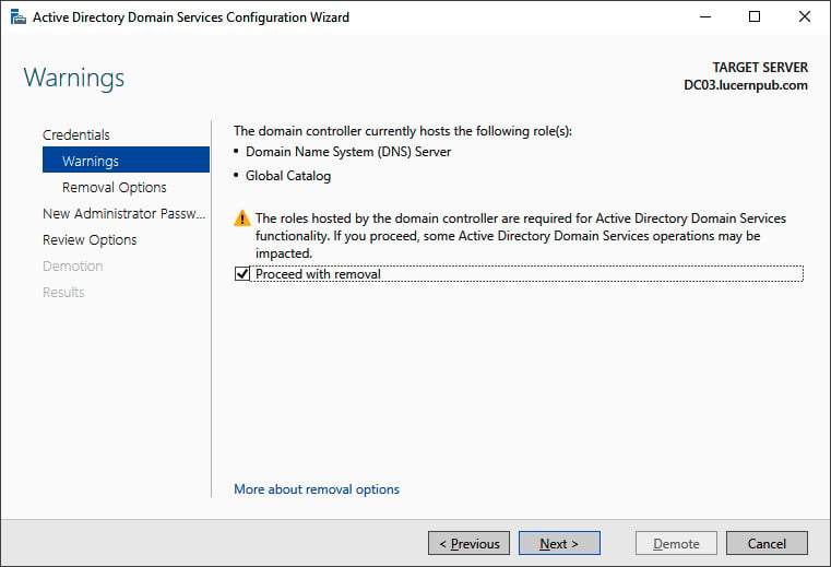 Figure 2.16 – The Warnings screen of the Active Directory Domain Services Configuration Wizard
