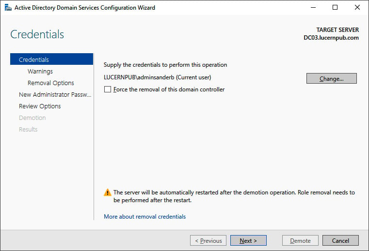 Figure 2.17 – The Credentials screen of the Active Directory Domain Services Configuration Wizard
