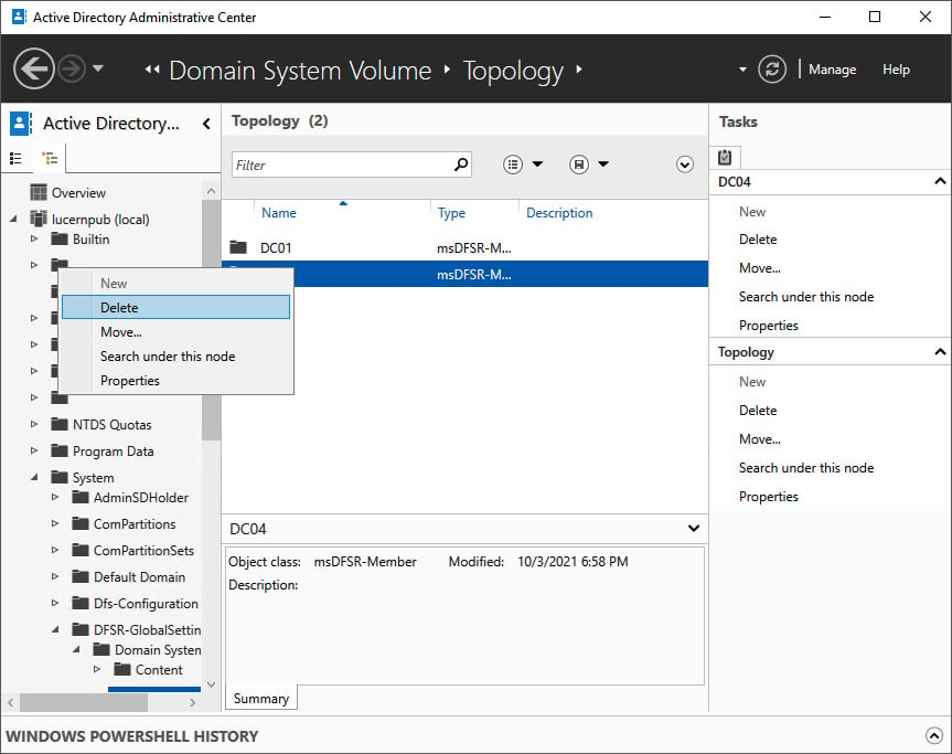 Figure 2.19 – Deleting the SYSVOL replication membership in the 
Active Directory Administrative Center
