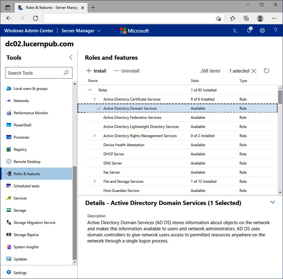 Figure 2.4 – The Active Directory Domain Services role selected in Windows Admin Center
