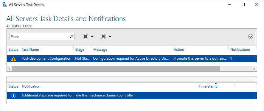 Figure 2.5 – Promote this server to a domain controller link in All Servers Task Details and Notifications
