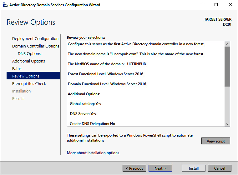 Figure 2.7 – The Review Options screen of the Active Directory Domain Services Configuration Wizard
