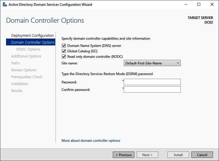 Figure 2.9 – The Domain Controller Options screen of the Active Directory 
Domain Services Configuration Wizard
