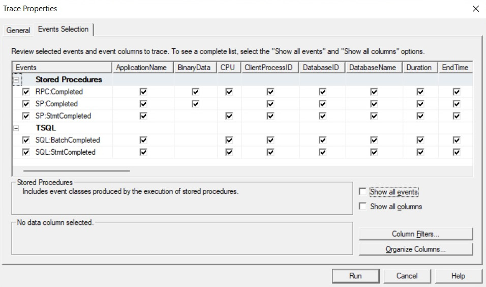 Figure 2.1 – Trace configuration using SQL Server Profiler
